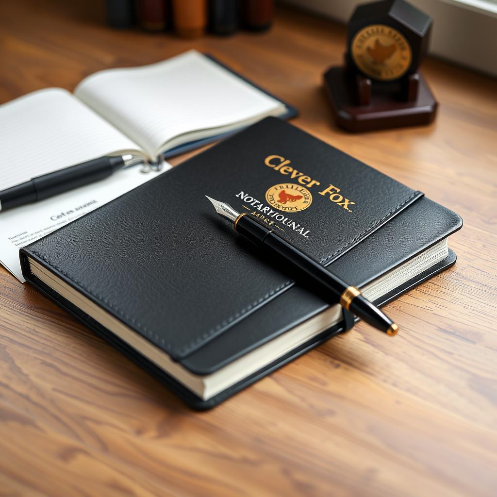 Clever Fox Notary Journal with pen and notary stamp