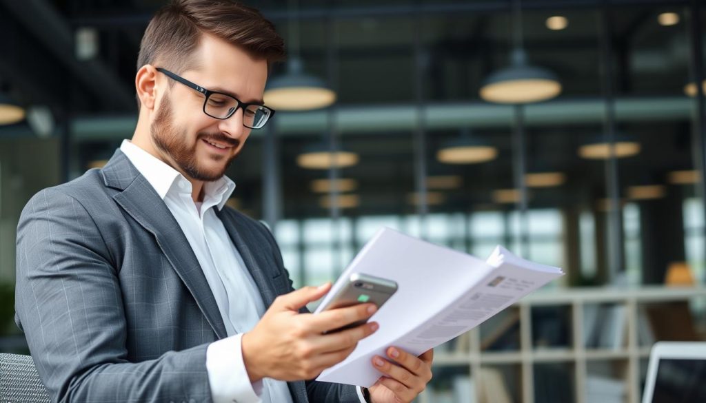 Business professional using a portable power bank to charge their phone during a meeting