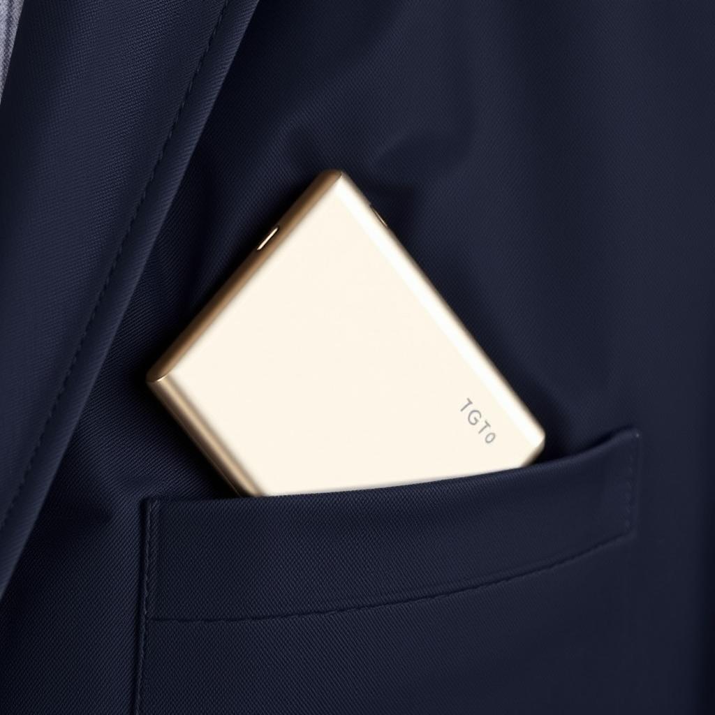 Pocket-sized power bank being placed in suit pocket