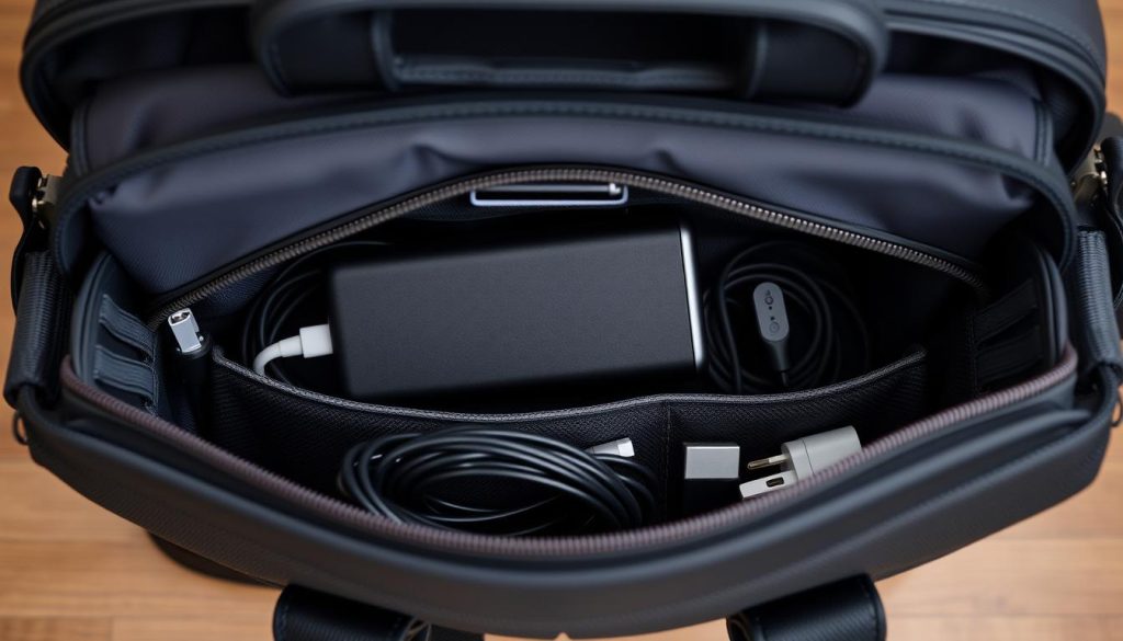 Professional organizing power bank and cables in briefcase