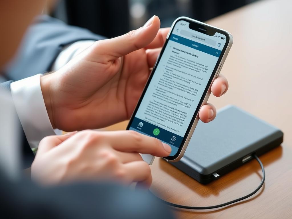 Professional using phone scanning app with power bank connected
