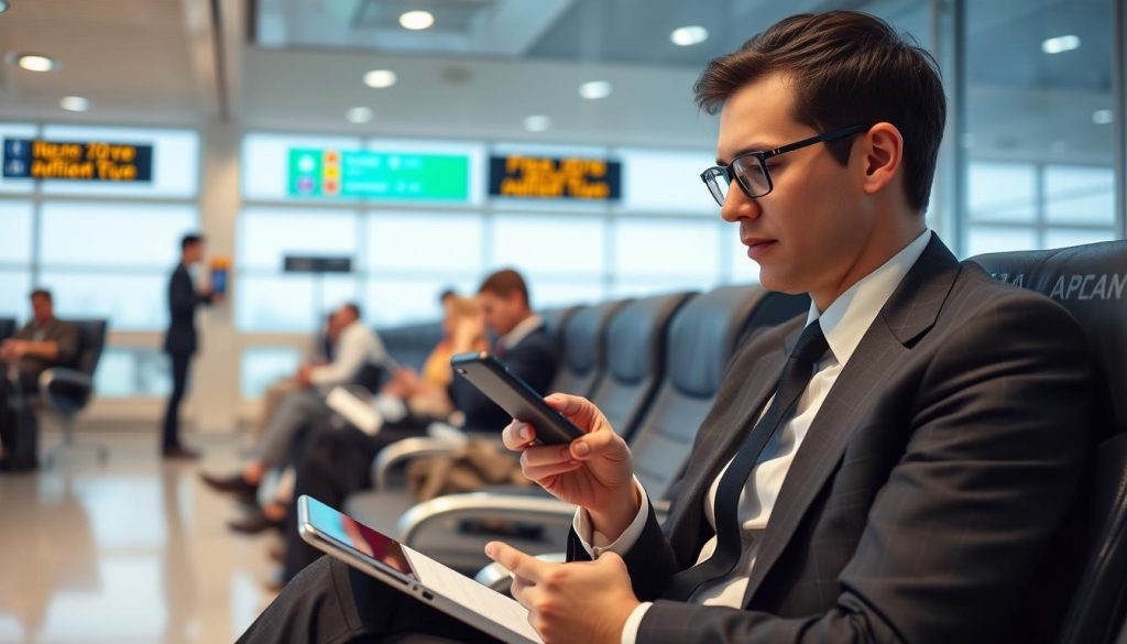 Professional using power bank during flight delay