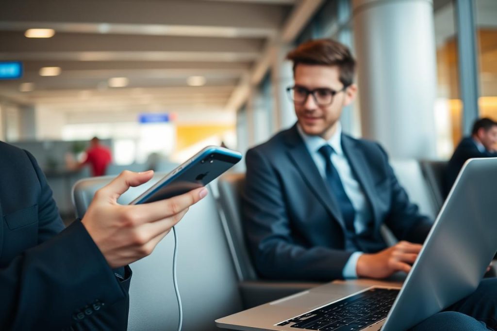 Professional using power bank during travel
