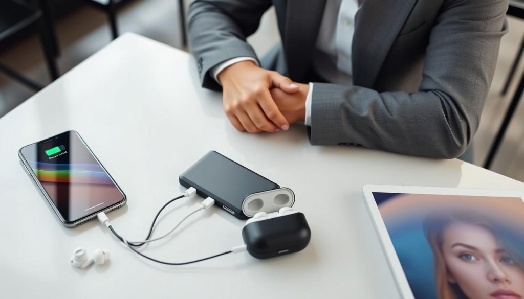 Professional using power bank to charge multiple devices simultaneously